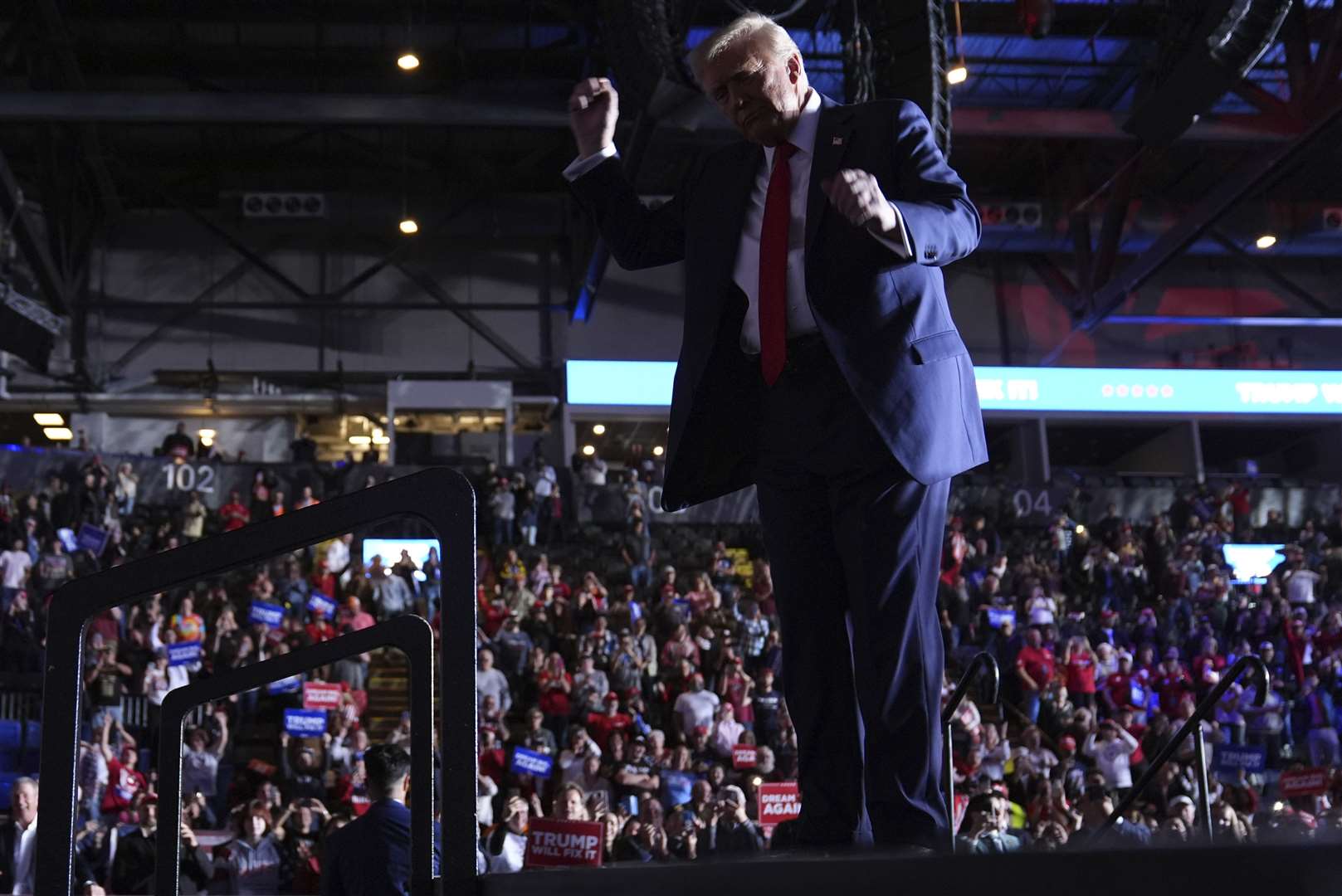 Republican presidential nominee Donald Trump dances during a campaign rally at Santander Arena in Reading, Pennsylvania (Evan Vucci/AP)