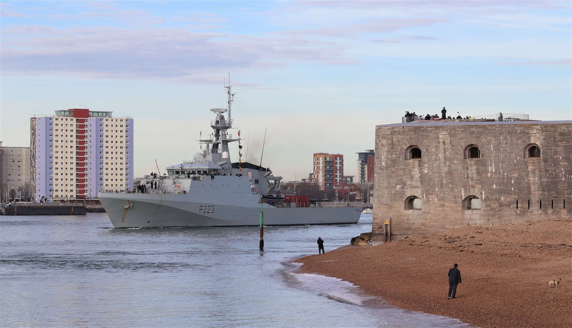 HMS Medway leaves Portsmouth Harbour waved on from the famous Round Tower at the entrance to the harbour. Picture: Royal Navy