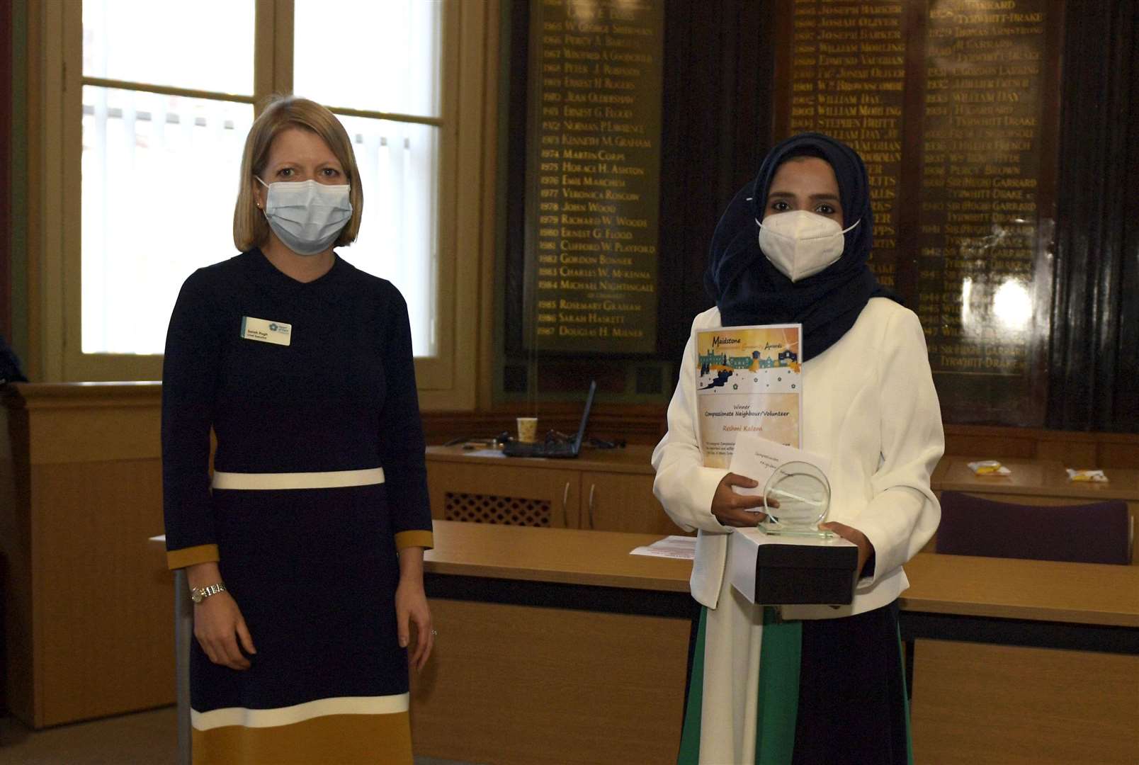 Reshmi Kalam receiving her Compassionate Community Award from Heart of Kent Hospice's CEO in 2020 Sarah Pugh. Picture: Barry Goodwin