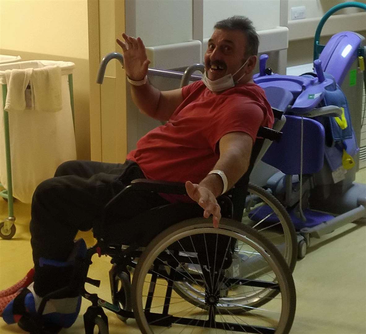 Circus boss Roger Santus required a wheelchair after his horror crash. Picture: Santus family
