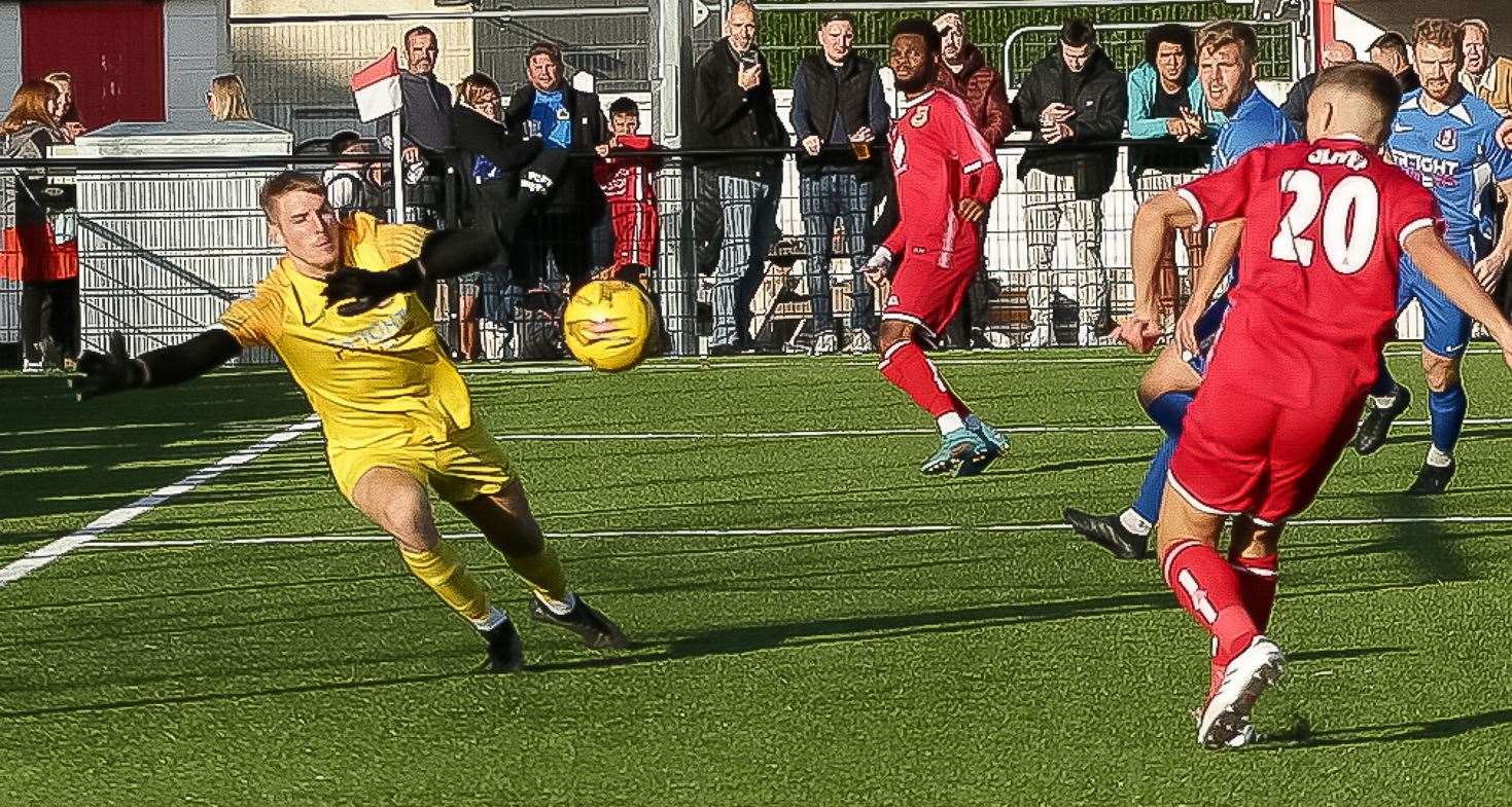 Josh Oliver gets his hat-trick against Tunbridge Wells in Whitstable’s 4-2 Kent Senior Trophy First Round win last weekend. Picture: Les Biggs