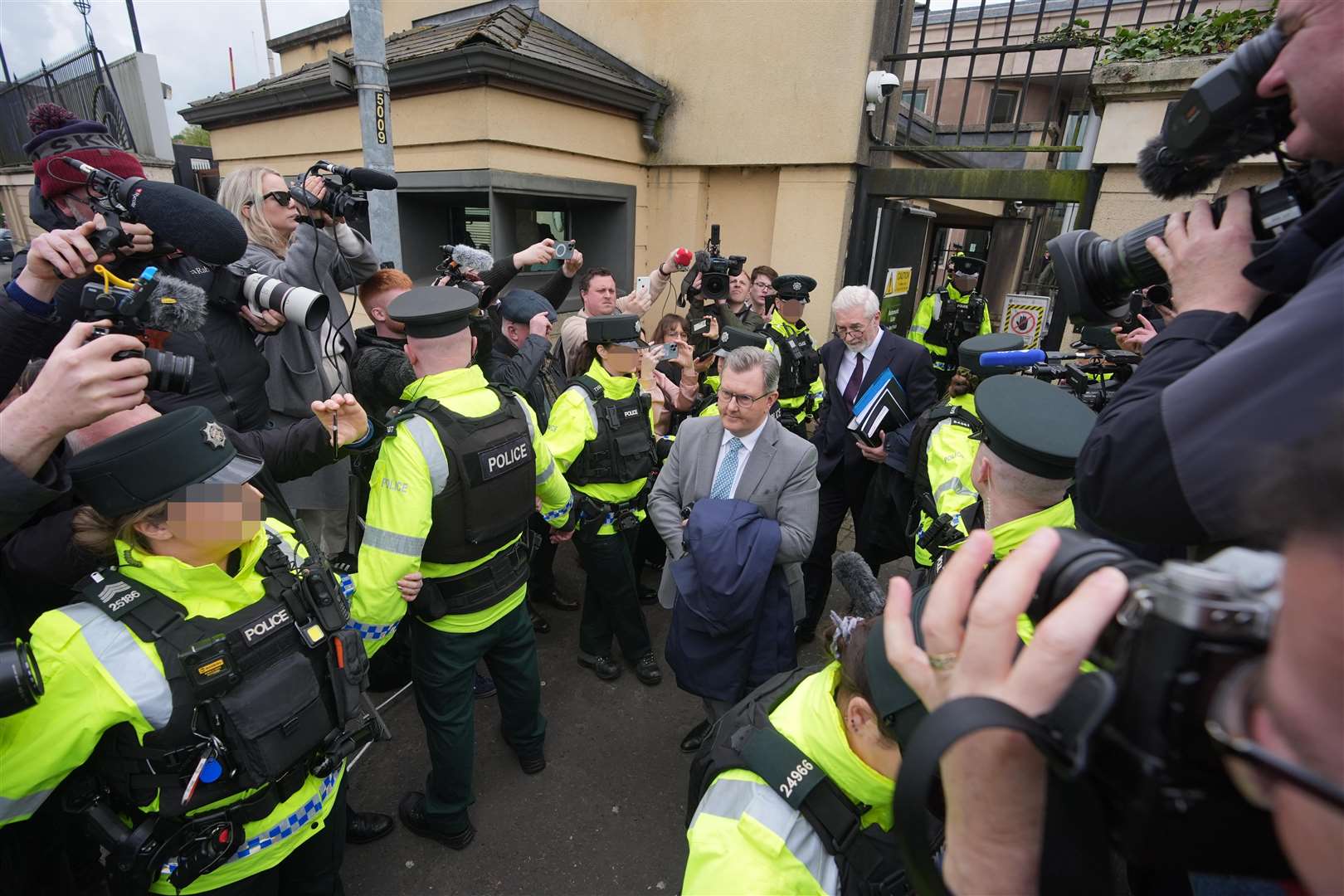 Former DUP leader Sir Jeffrey Donaldson leaving Newry Magistrates’ Court after his first court appearance in April (Niall Carson/PA)