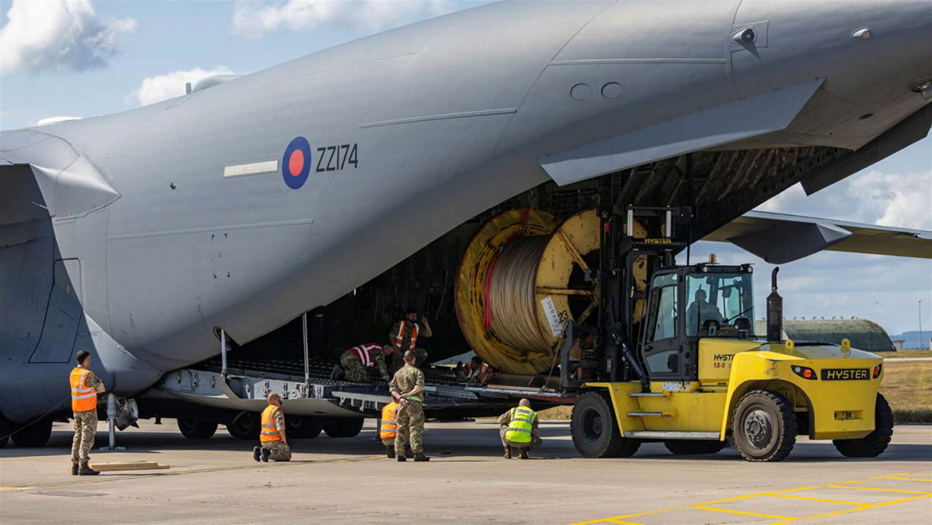 Specialist equipment being loaded onto a Royal Air Force A400M Atlas aircraft at RAF Lossiemouth (RAF)