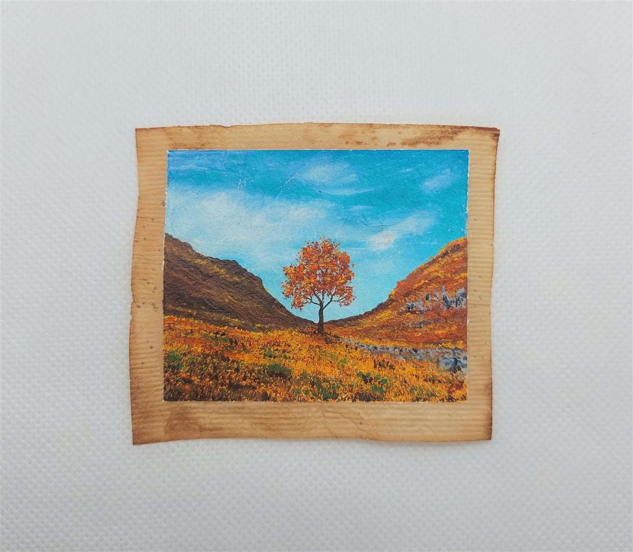 The Sycamore Gap tree painted during autumn on a used tea bag (Caroline West/PA)