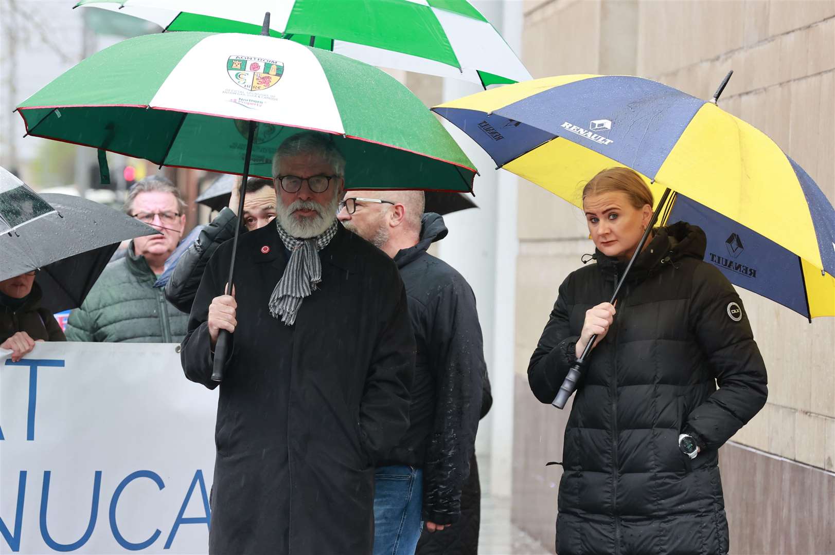 Former Sinn Fein president Gerry Adams and Sinn Fein’s Aisling Reilly outside court (Liam McBurney/PA)