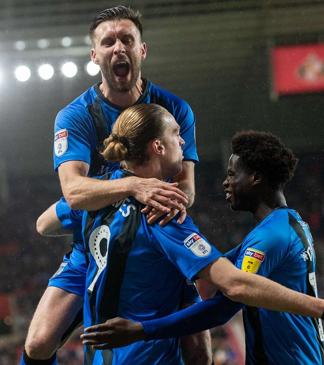 Gillingham celebrate Tom Eaves' goal Picture: Ady Kerry (7300379)