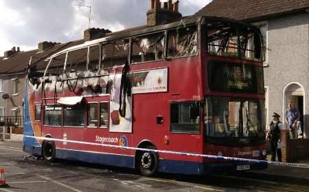 About 50 per cent of the bus was destroyed. Picture: NICK JOHNSON