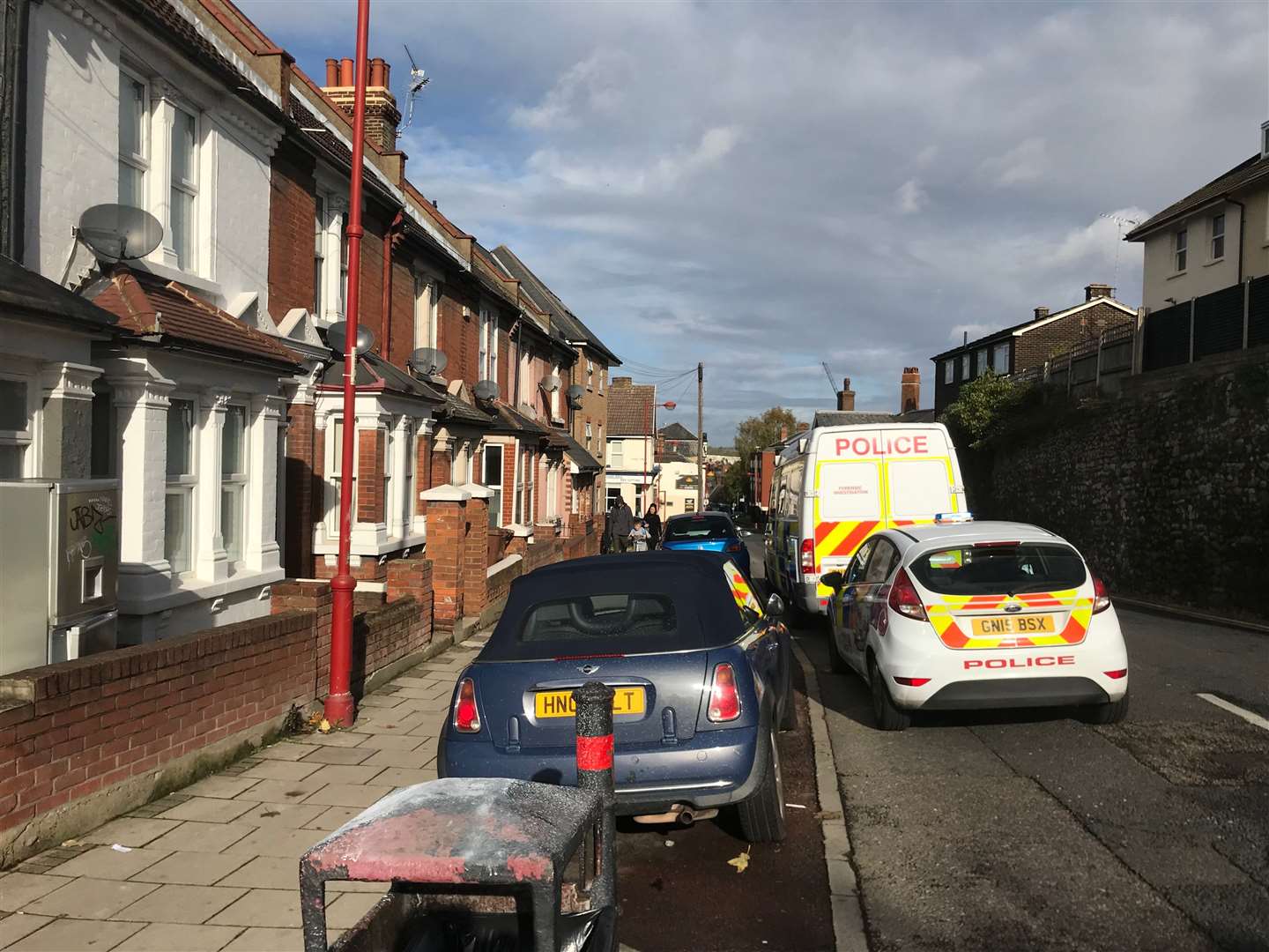 Officers have been seen in Delce Road, Rochester, after Steven's body was discovered