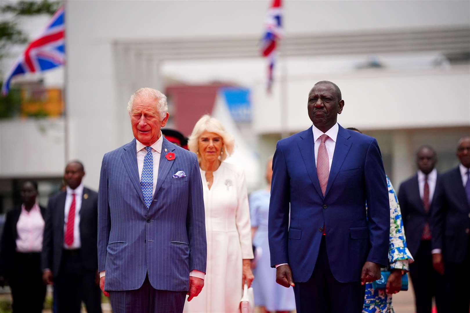 Charles, Camilla and the President of Kenya, Dr William Ruto, ahead of a wreath-laying ceremony in Uhuru Gardens, Nairobi (Victoria Jones/PA)