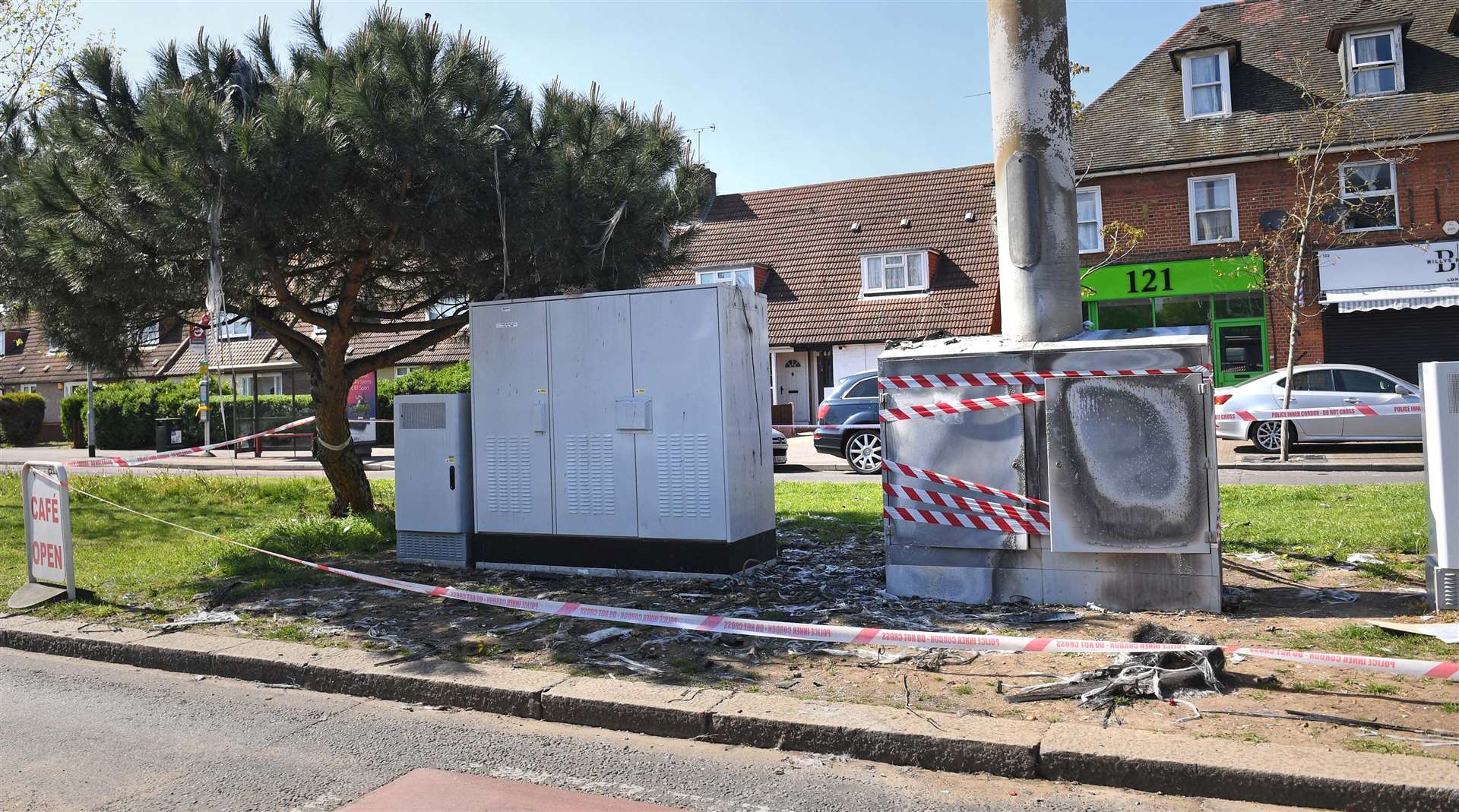 A telecoms mast on Becontree Avenue in Dagenham after a fire on April 14 which is still being investigated by police (Stefan Rousseau/PA)