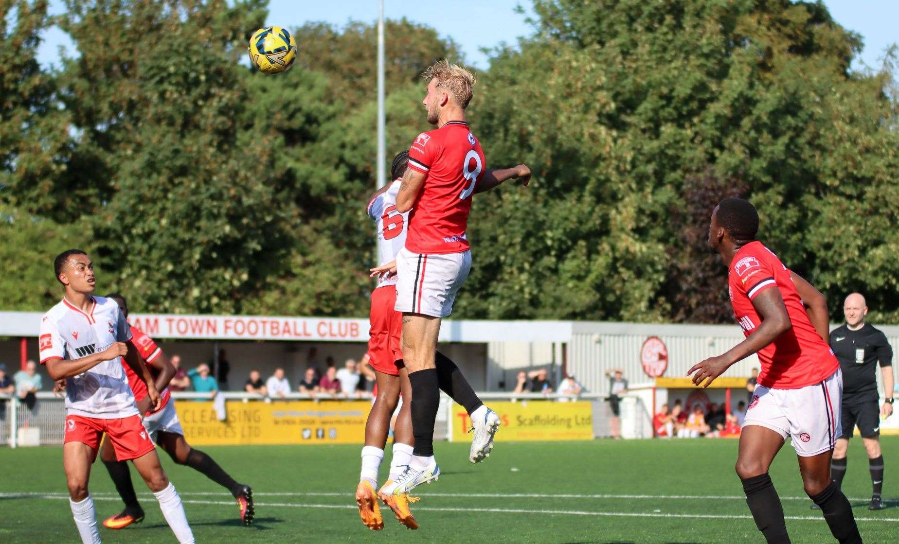 Tommie Fagg beats two-goal Bode Anidugbe in the air during Chatham Town’s game against Ramsgate in the FA Cup Picture: Max English @max_ePhotos