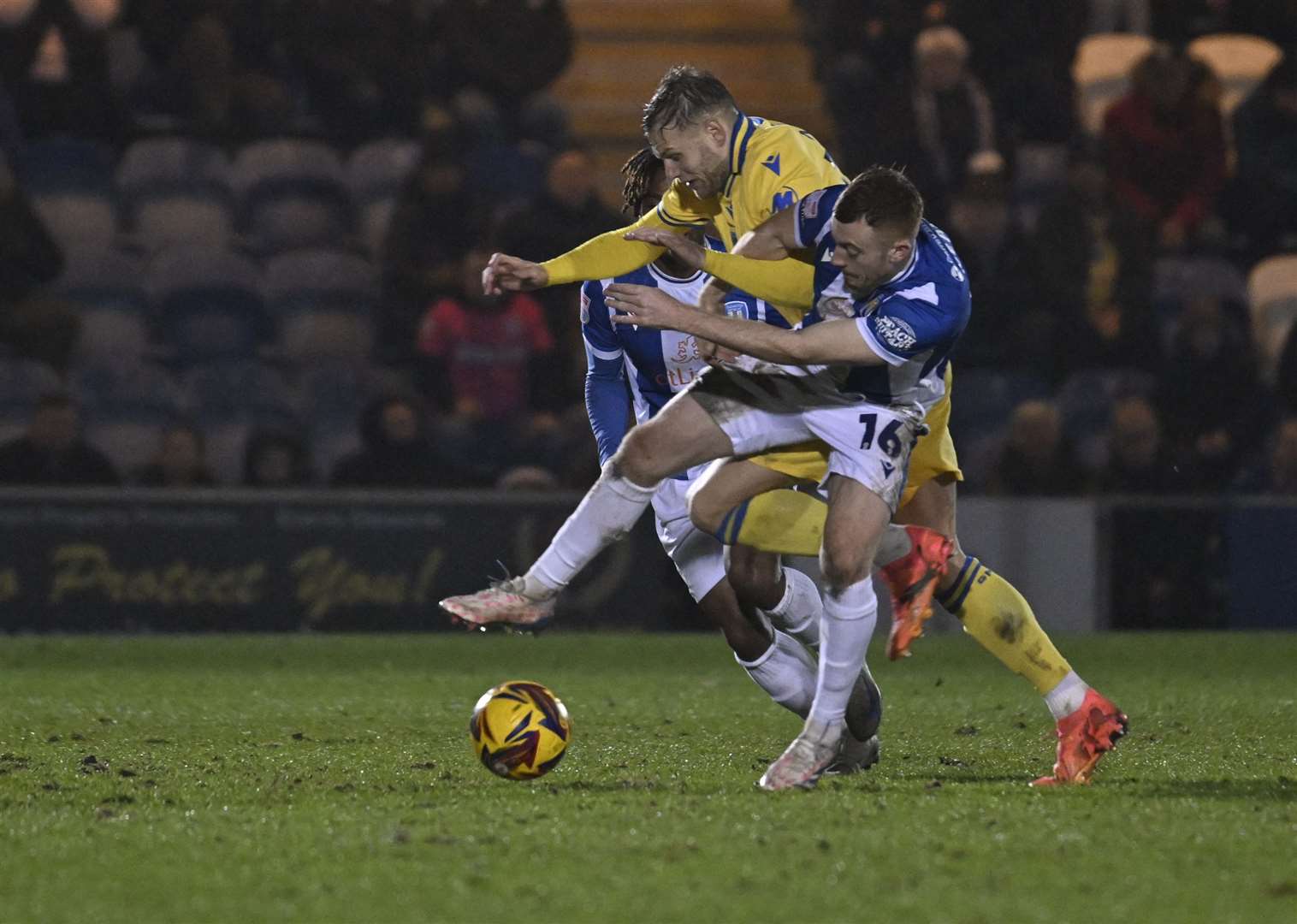 Elliott Nevitt attempts to battle through the Colchester defence.Picture: Barry Goodwin