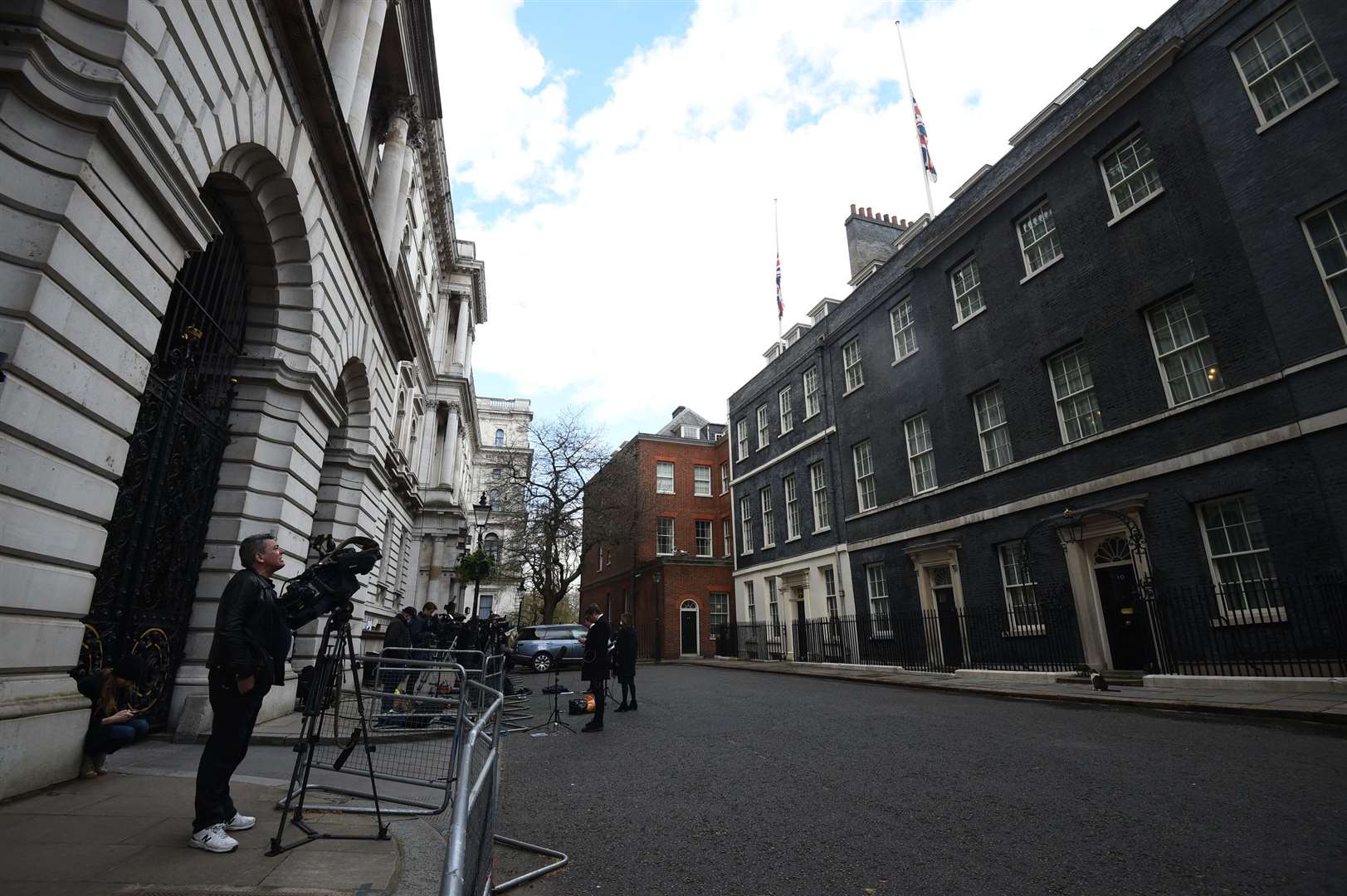 Union flags fly at half mast at Downing Street, London (Kirsty O’Connor/PA)