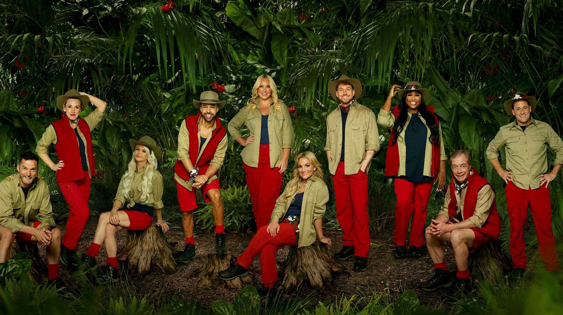 Fred Sirieix, Grace Dent, Danielle Harold, Marvin Humes, Josie Gibson, Jamie Lynn Spears, Sam Thompson, Nella Rose, Nigel Farage and Nick Pickard. Credit: ITV Plc