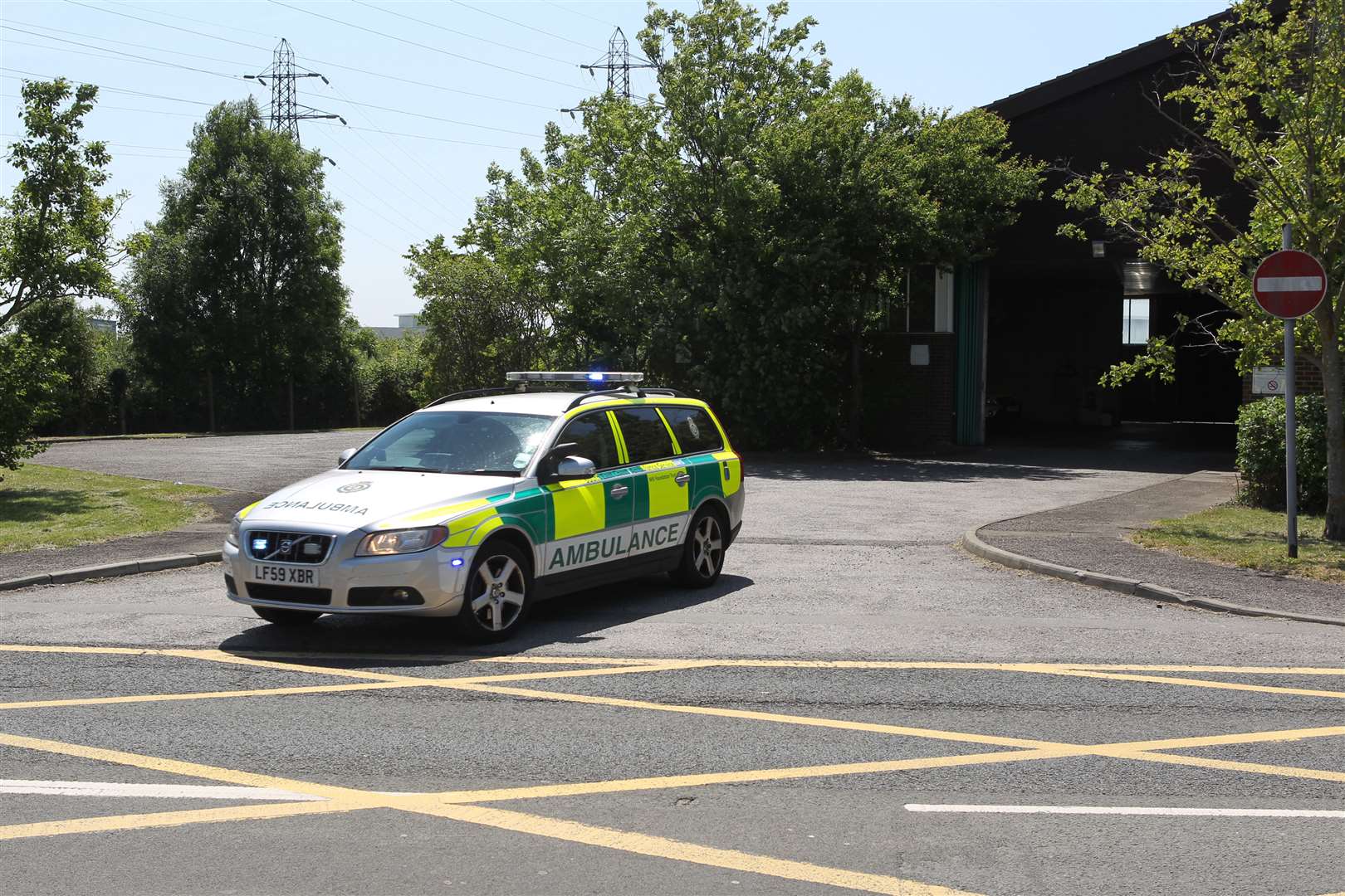 Paramedics leave Sheppey Ambulance Station on Main Drive, Queenborough.