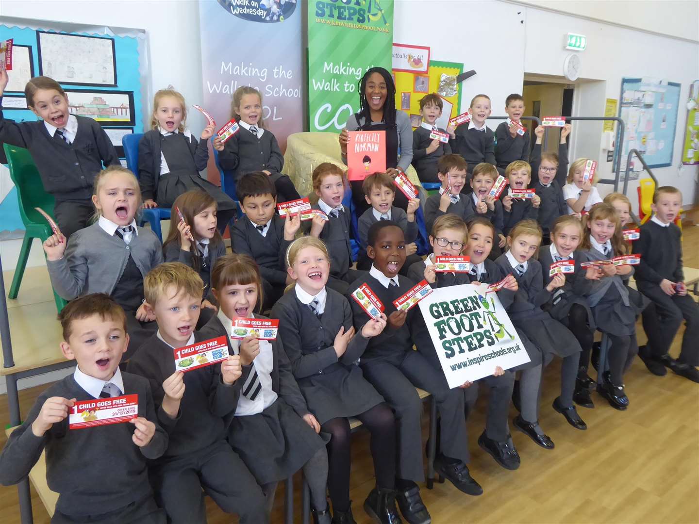 CBeebies' Joanna Adeyinka-Burford read to walk to school winners from Longlands Primary School. (5383208)