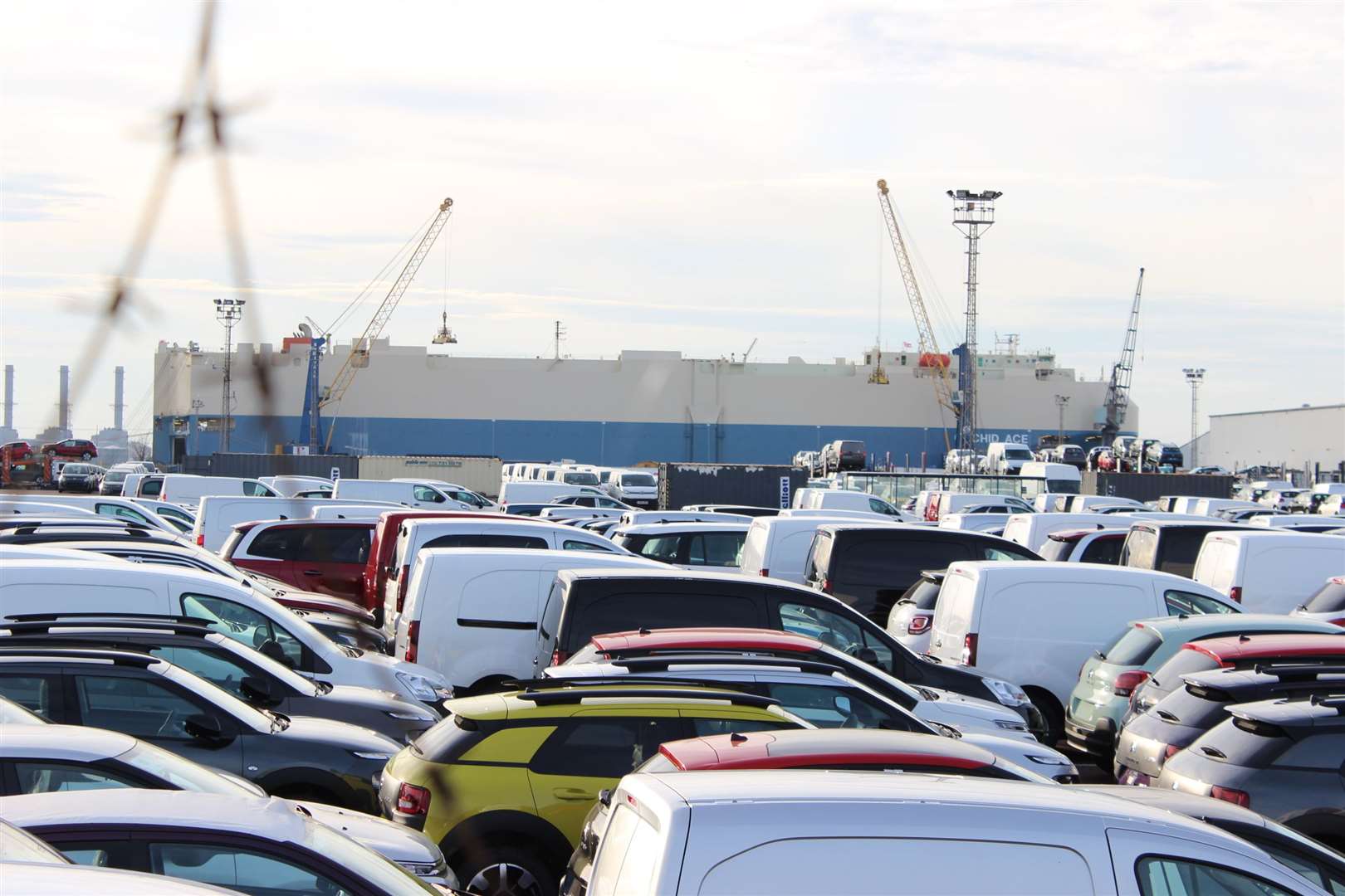 Cars parked after being unloaded from a ship at Sheerness docks