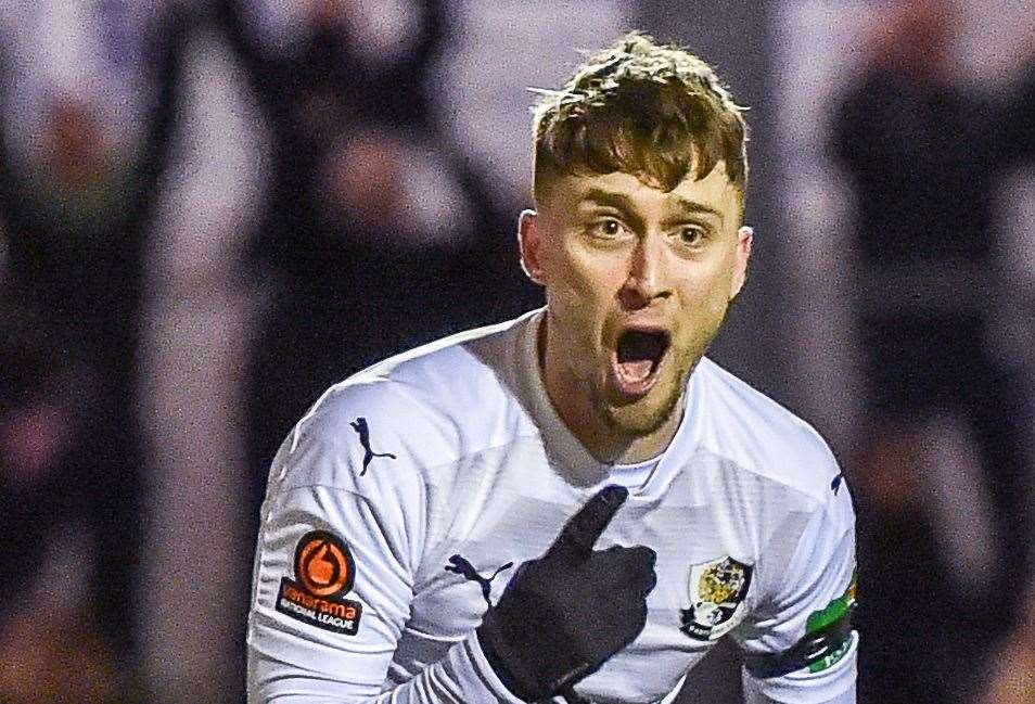 Matchwinner Jake Robinson celebrates scoring for Dartford against Ebbsfleet. Picture: Dave Budden