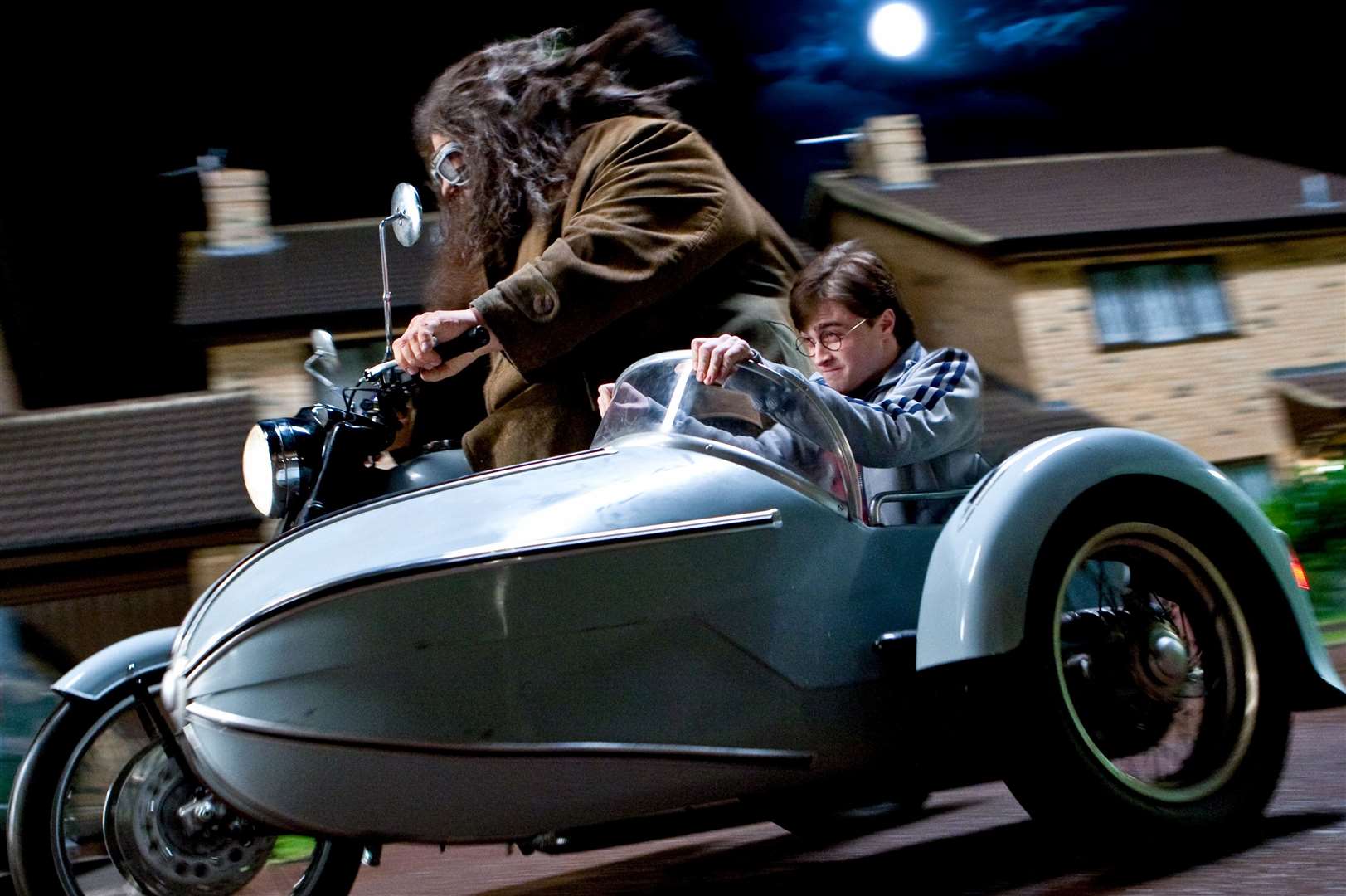 Hagrid and Harry Potter just about to leave Privet Drive heading for their unorthodox use of the Dartford tunnel in the Deathly Hallows Part 1. Picture: Warner Bros