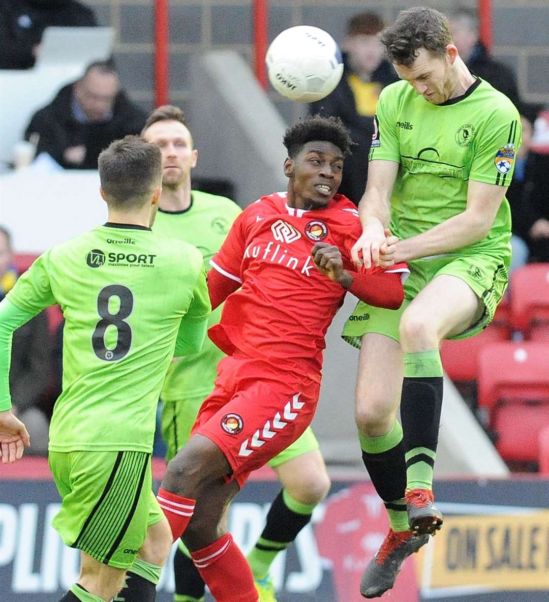 Jermaine McGlashan leaps into action for Ebbsfleet against King's Lynn in last weekend's FA Trophy tie Picture: Tim Smith