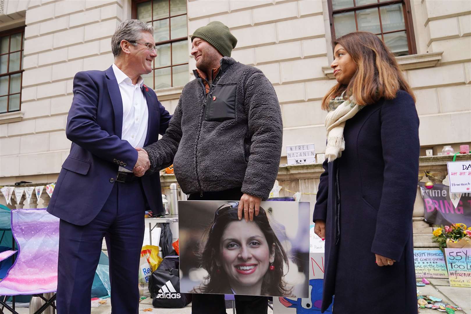 Sir Keir Starmer meets Richard Ratcliffe, the husband of Iranian detainee Nazanin Zaghari-Ratcliffe, watched by her MP, Tulip Siddiq (Stefan Rousseau/PA)