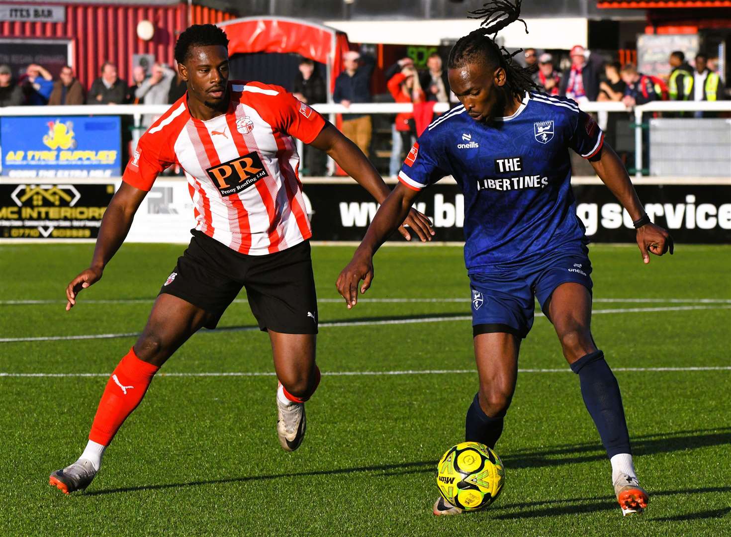 Margate's hat-trick hero Ibrahim Olutade in possession at Sheppey on Saturday. Picture: Marc Richards