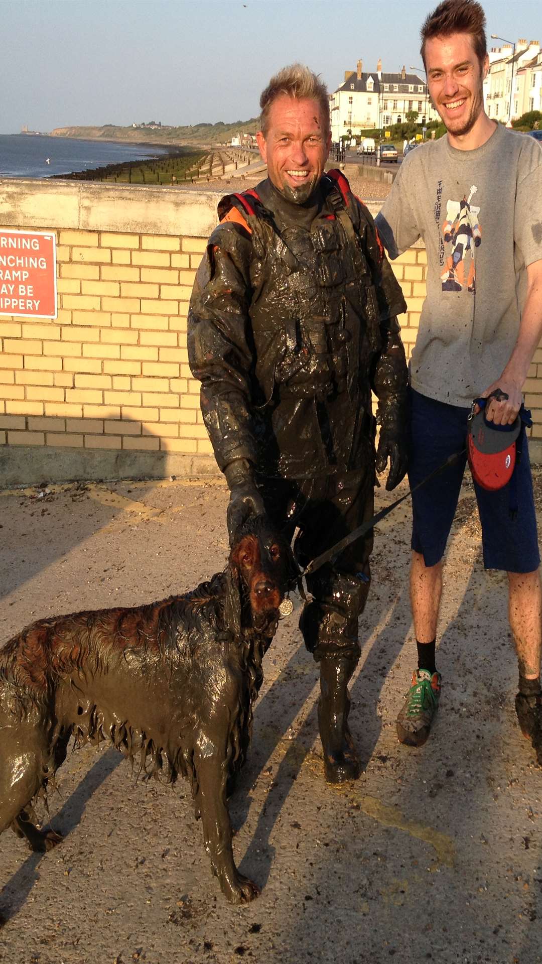 Owner Joseph Marsh's Irish setter Rufus shortly after being rescued by a firefighter