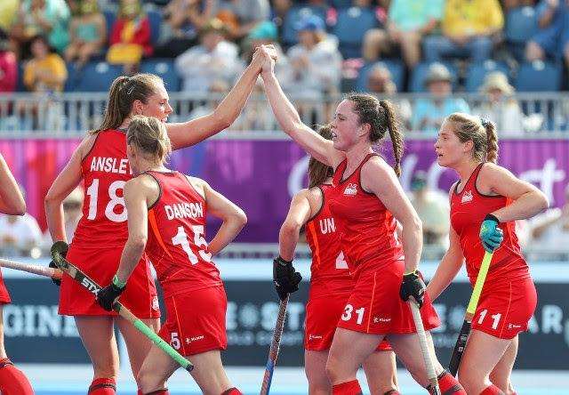 Canterbury's Grace Balsdon celebrates scoring England's opening goal in the 2-0 win over South Africa at the Commonwealth Games