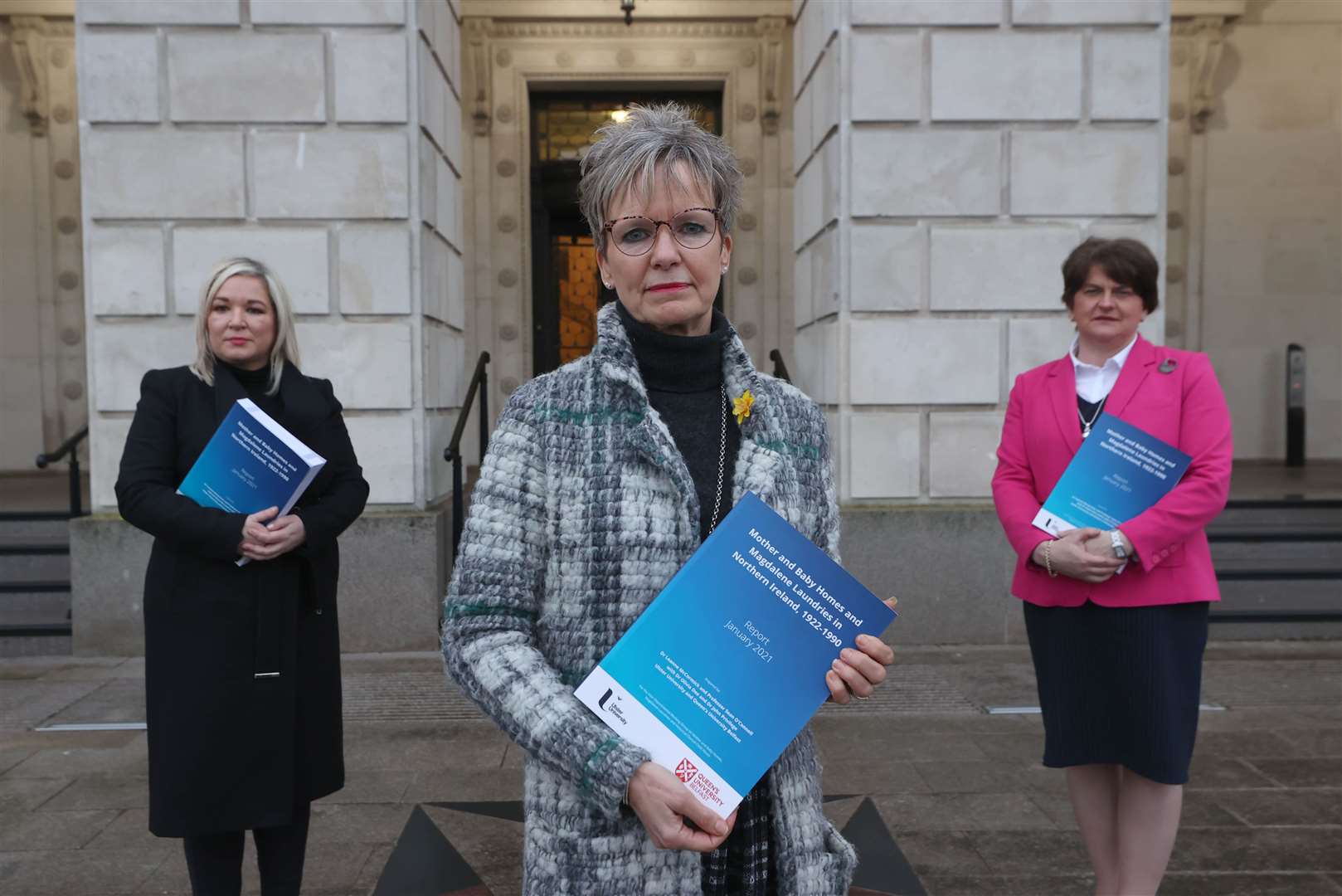 Review leader Judith Gillespie with Michelle O’Neill and Arlene Foster (Liam McBurney/PA)