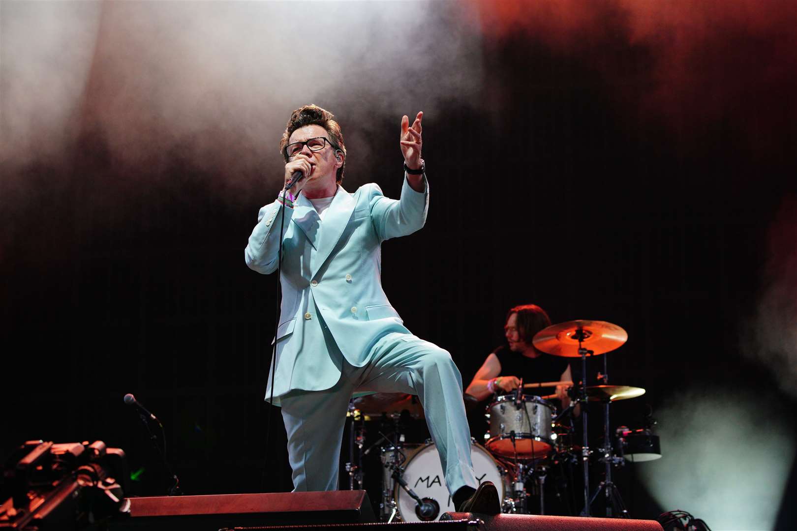 Rick Astley playing with Blossoms on the Woodsies stage at the Glastonbury Festival (Ben Birchall/PA)