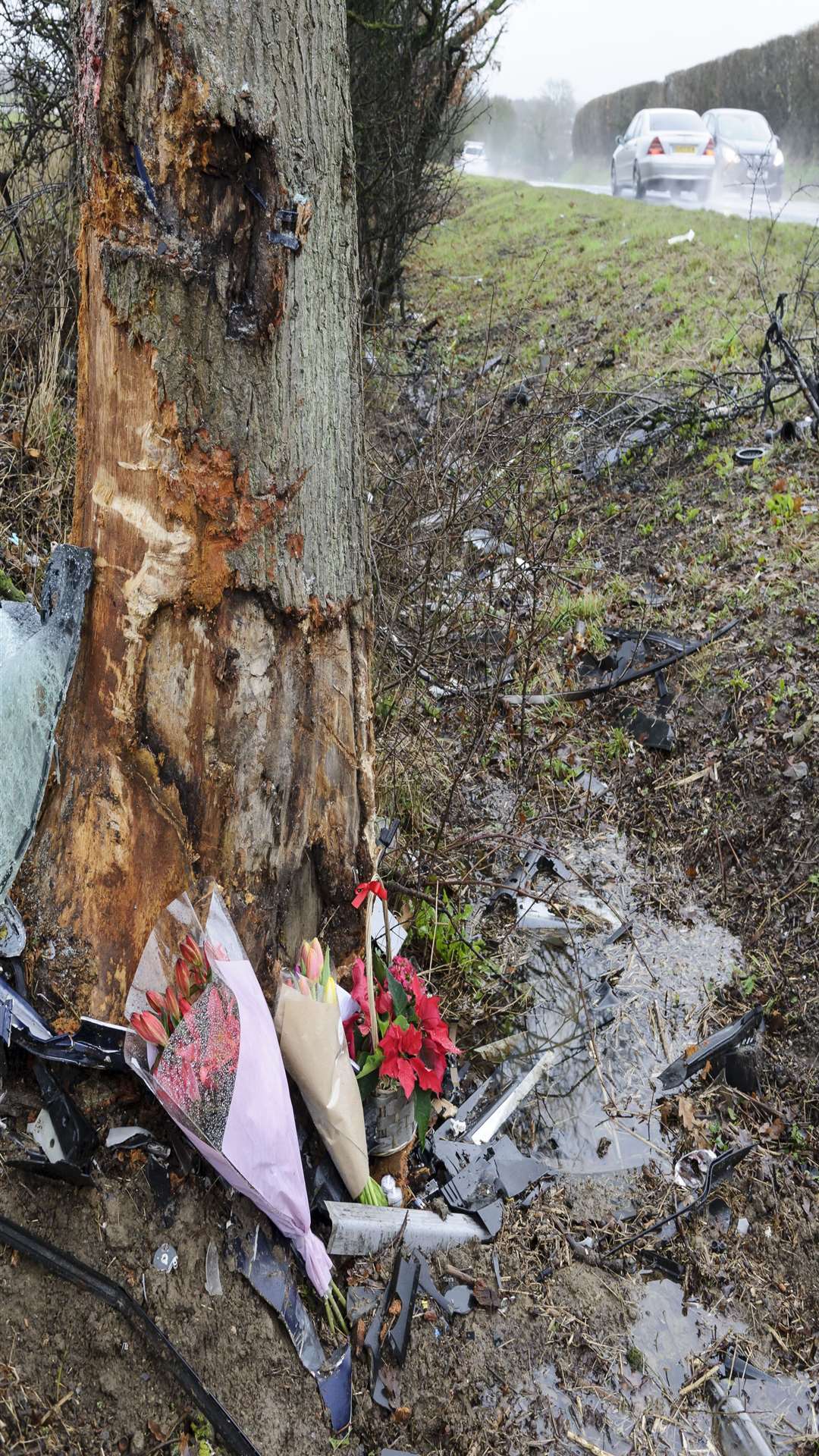 Floral tributes left at the scene of the fatal crash