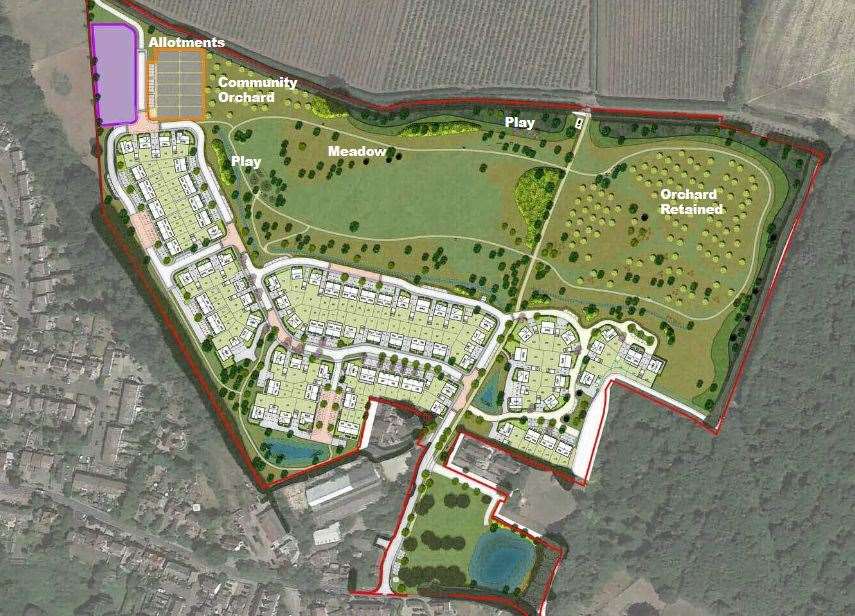 An aerial overview of where the new homes and community orchard are planned in Horsmonden. Photo: Persimmon Homes/FPCR Environment and Design Ltd