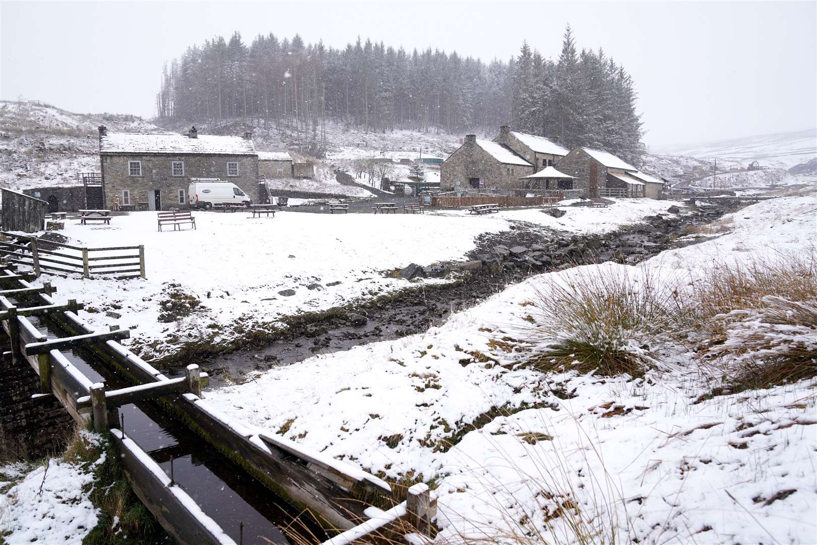 Snow covers the ground at Killhope Slate Mine in County Durham (Owen Humphreys/PA)