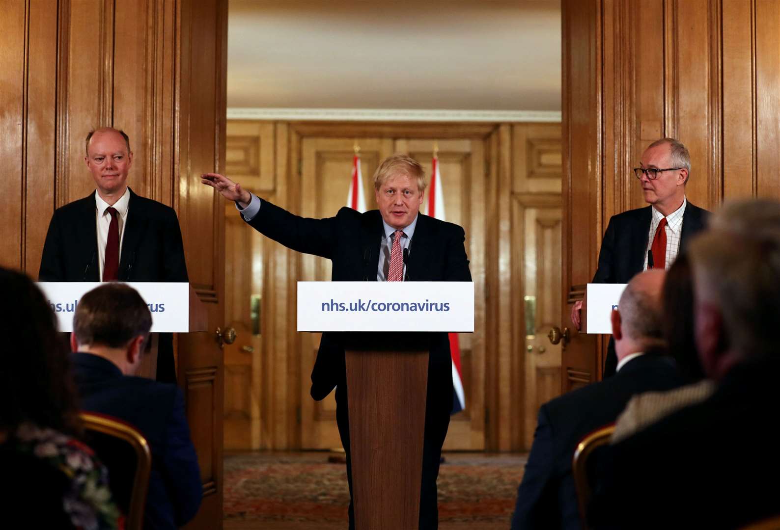 Prime Minister Boris Johnson, alongside chief medical officer for England Chris Whitty (left) and chief scientific adviser Sir Patrick Vallance during a press conference at 10 Downing Street (Simon Dawson/PA)