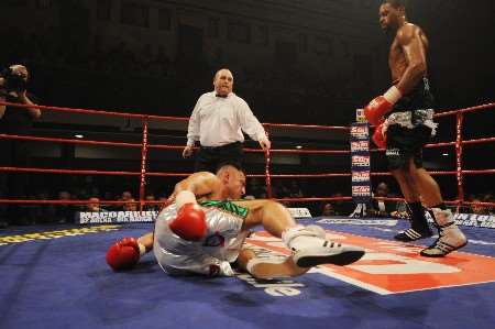 Takaloo hits the canvas in the third round. Picture: BARRY GOODWIN