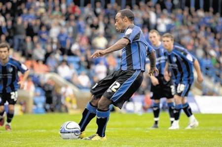 Chris Palmer scores from the penalty spot against npower League Two rivals Shrewsbury