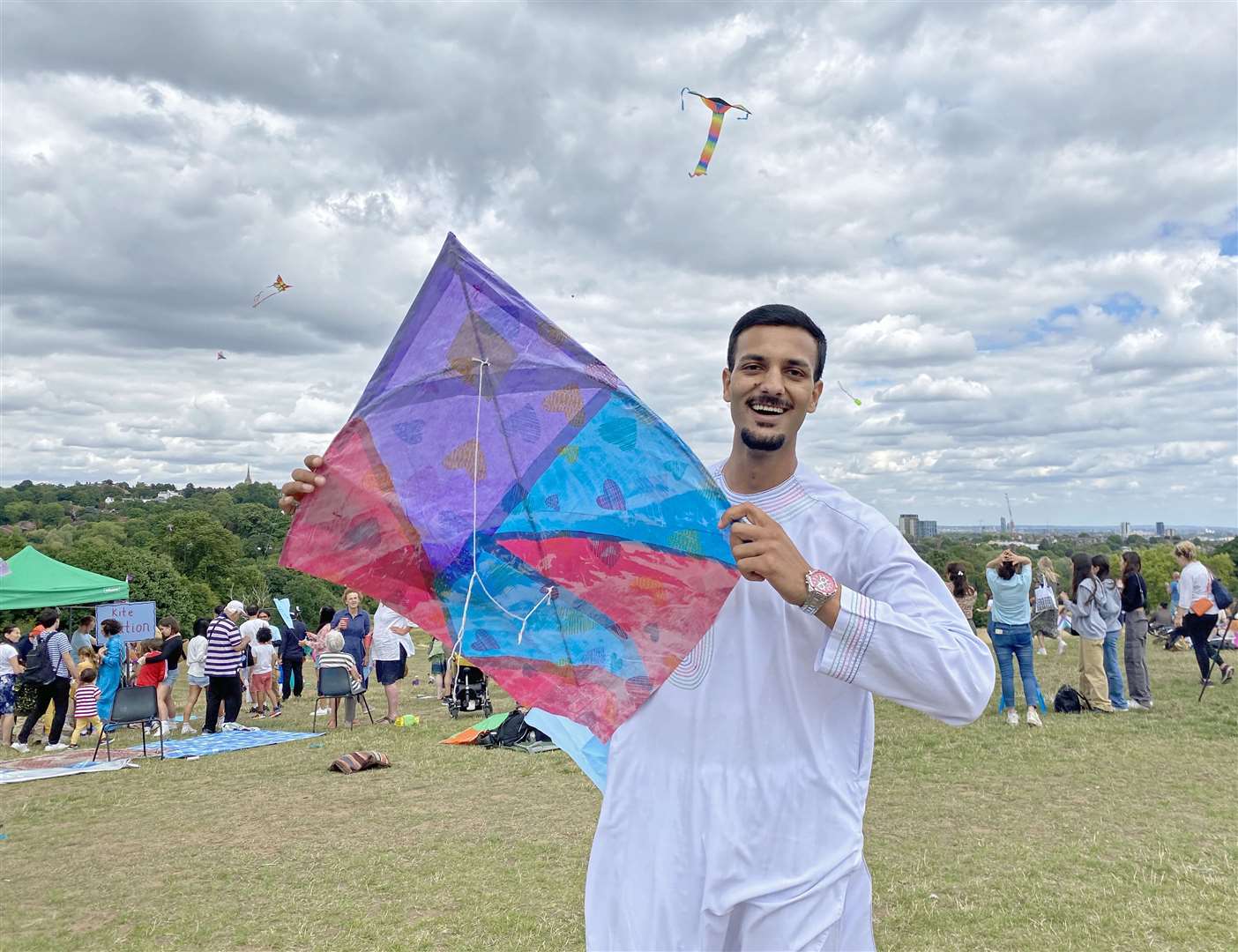 Hasib Mohammad, 23, at the launch of Fly With Me on Hampstead Heath’s Parliament Hill (Claudia Rowan/PA)