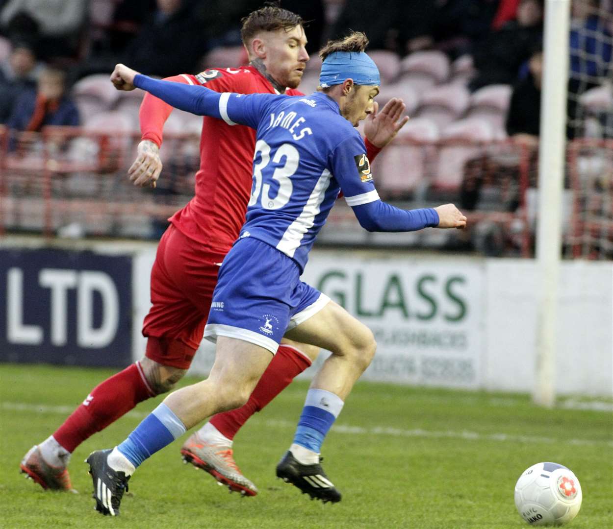 Fleet skipper Jack King tries to close down Hartlepool's Luke James. Picture: Sean Aidan FM21792498