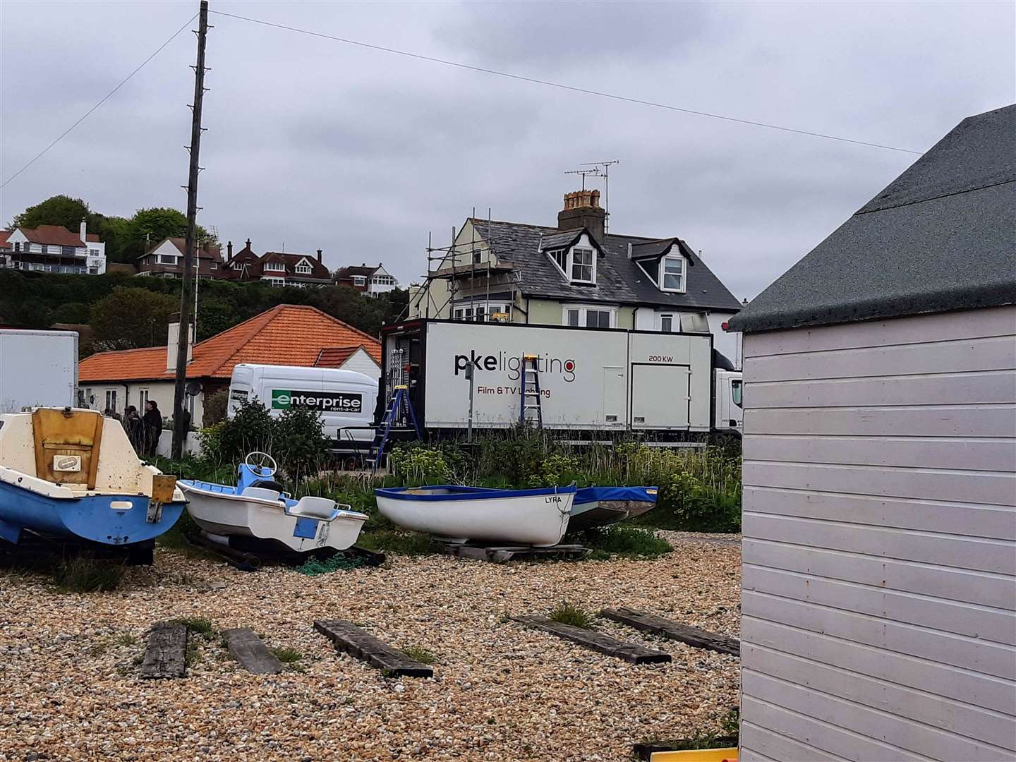 Film crews were also spotted outside a private house in Wellington Parade