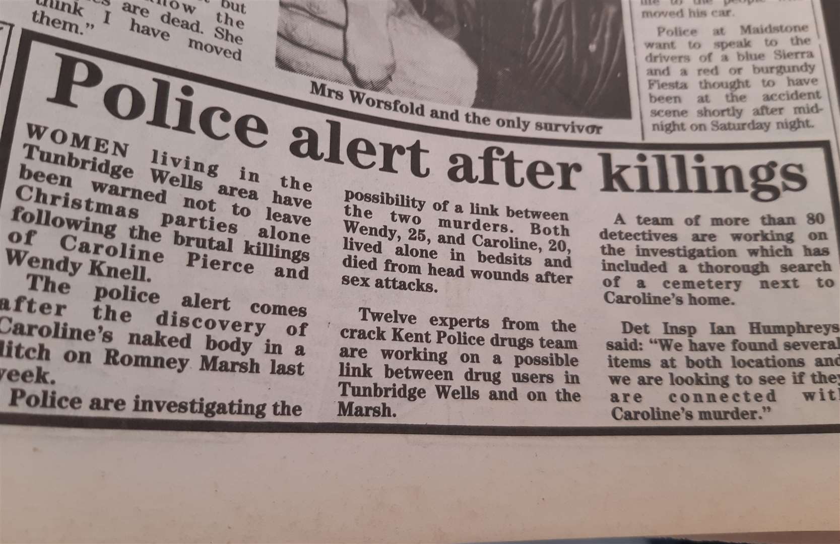 A Kent Messenger newspaper clipping from 1987, reporting on the police investigation into the deaths of Wendy Knell and Caroline Pierce Picture: KM Media Group