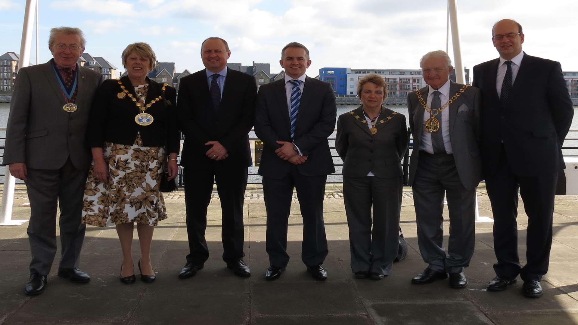 The Handelsbanken opening event, from left, Mayor of Medway's Consort Steve Isles, Mayoress of Medway Josie Isles, Handelsbanken regional director Simon Lodge, Handelsbanken Chatham branch manager Gavin Coleman, Mayoress of Swale Brenda Bobbin, Mayor of Swale George Bobbin and Rochester and Strood MP Mark Reckless