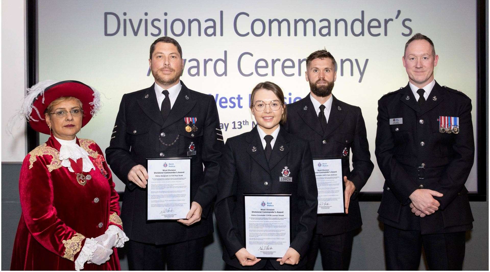 From left: Kent High Sheriff Nadra Ahmed CBE, PS Scott, PC Snoek and PC Kyle Andrews and West Kent Divisional Commander, Chief Superintendent Neil Loudon