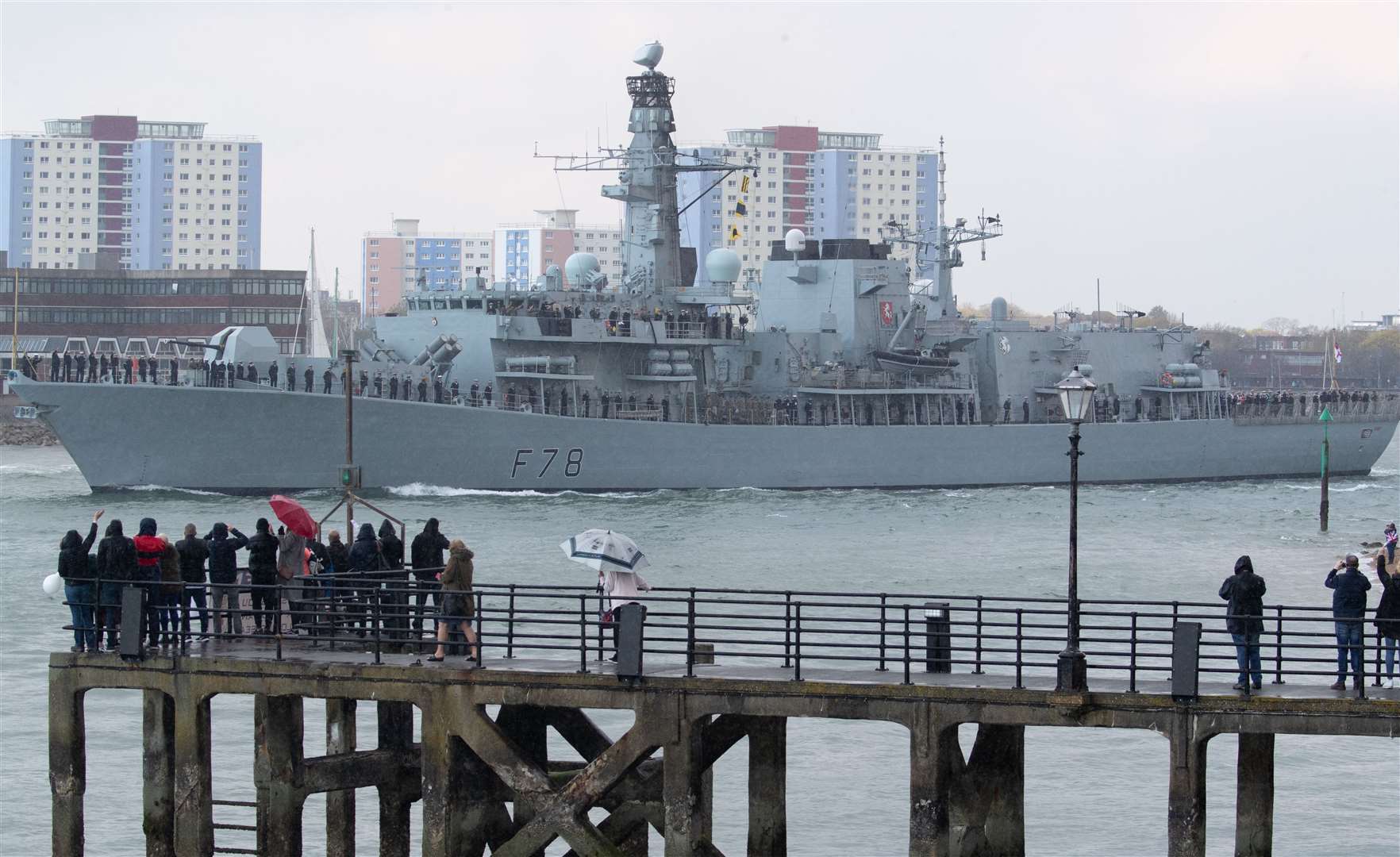 The Royal Navy Type 23 frigate HMS Kent, part of the Carrier Strike Group 21 mission, left Portsmouth Naval Base in Hampshire on May 1 2021 (Andrew Matthews/PA)