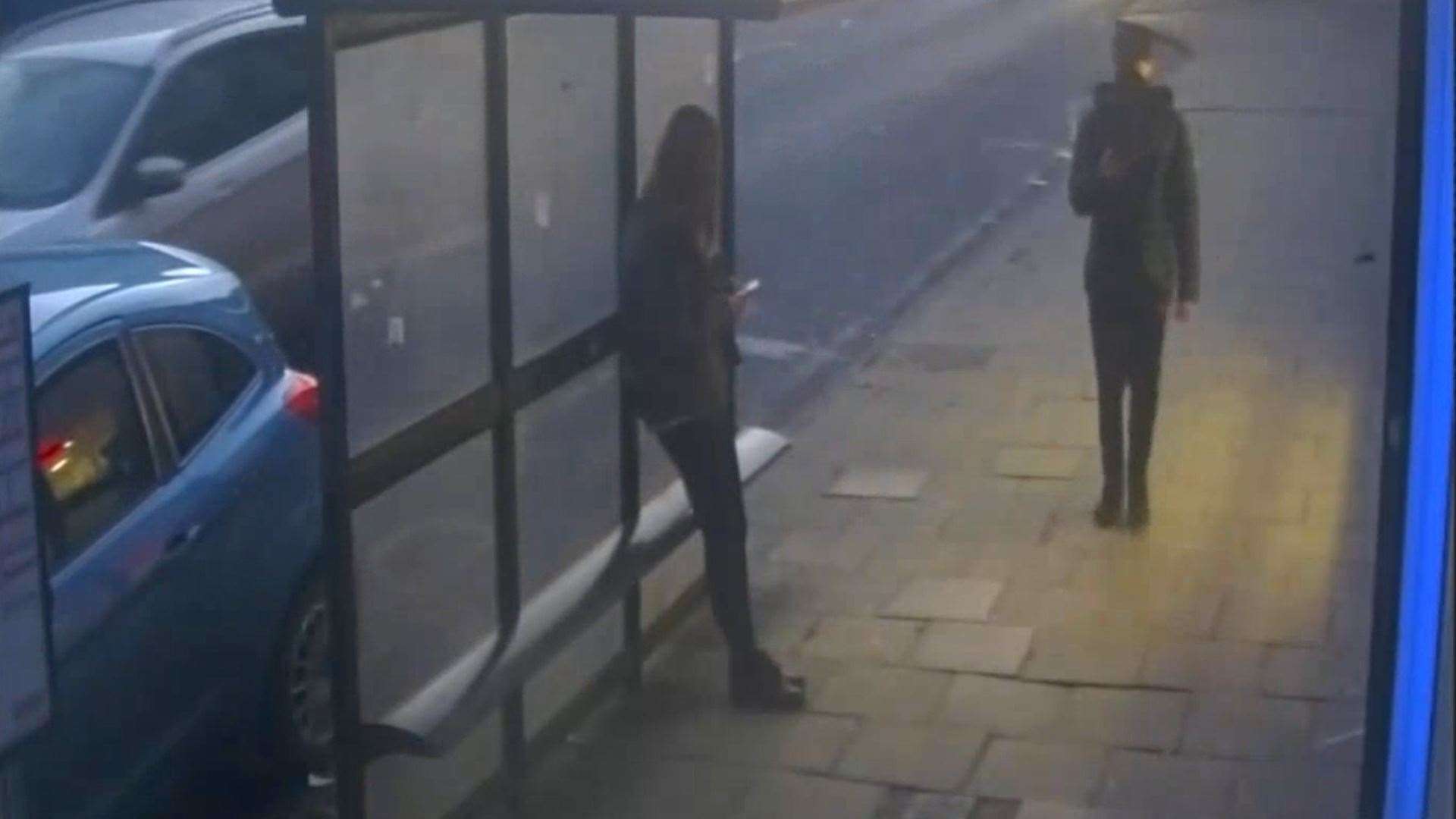 CCTV shows Logan MacPhail, in a baseball cap, approaching Holly Newton at a bus stop in Hexham, moments before he attacked her (CPS/PA)