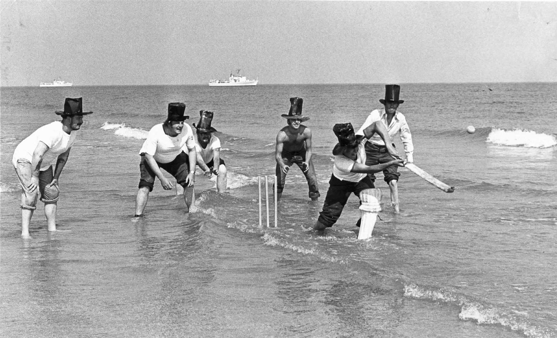 This crazy cricket match on the Goodwin Sands near Deal in 1973 was played between two teams from three Chatham-based survey ships. it was limited to 15 overs a side - because of the tide
