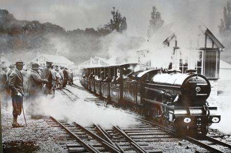 First pictures of the train, with dignitaries led by Lord Warden of Cinque Ports Earl Beauchamp at the inaugral ceremony on July 16, 1927