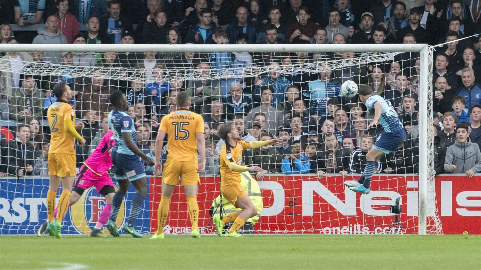 Striker Scott Kashket scores for Wycombe against Cambridge United Picture: Simon Lankester