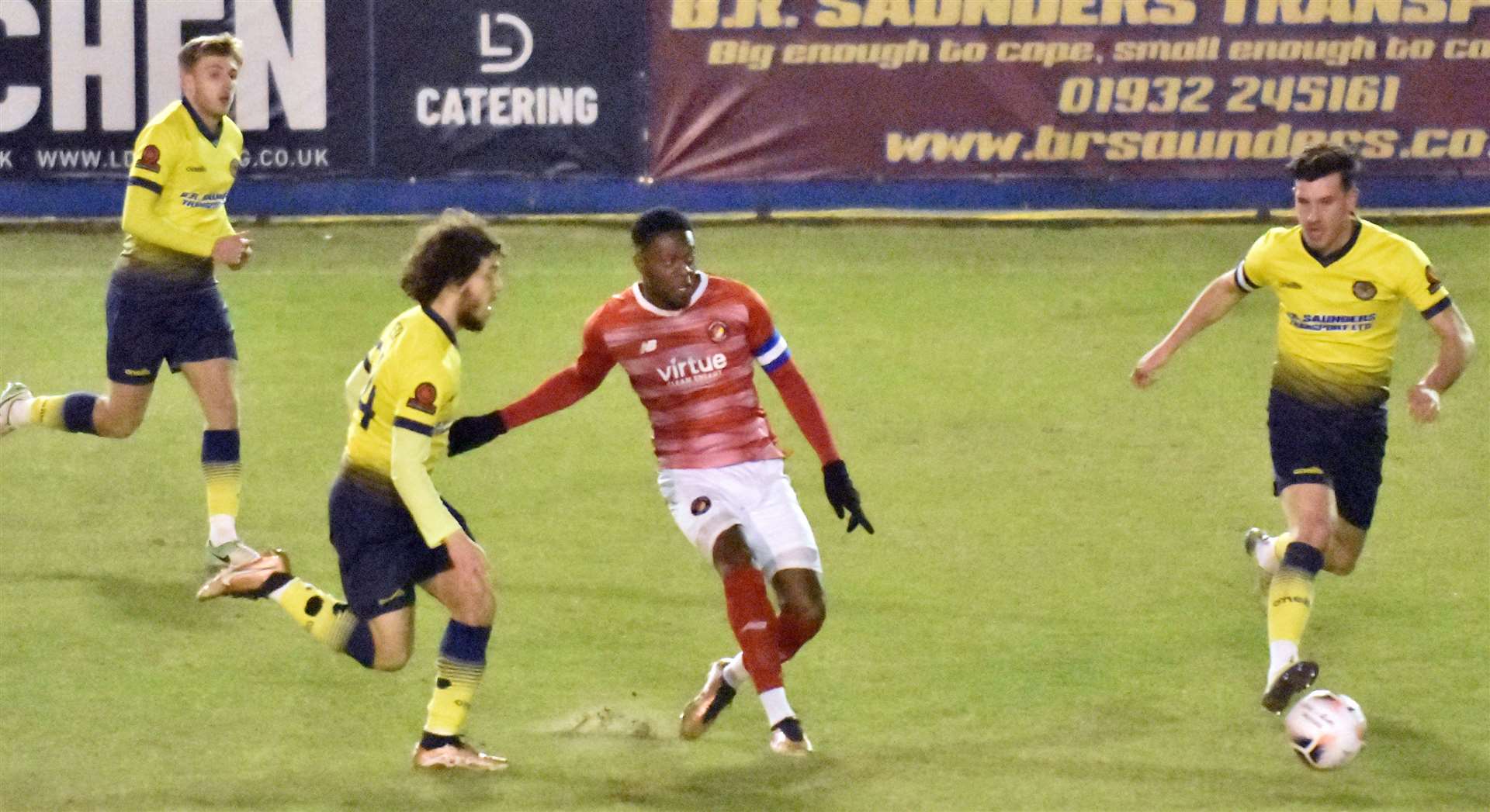 Rakish Bingham looks to thread a pass through the Farnborough defence on Tuesday night. Picture: Ed Miller/EUFC