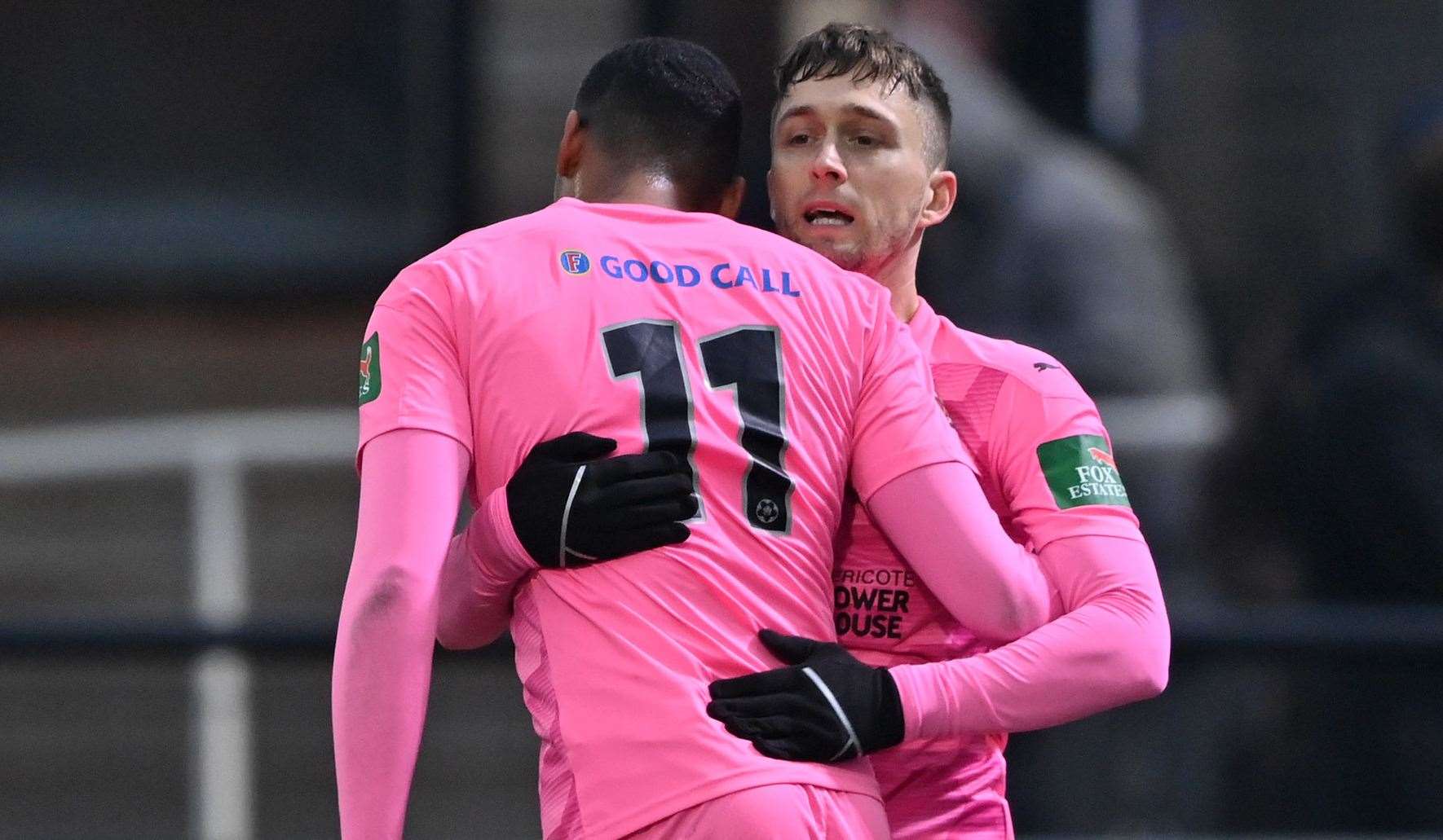 Dartford's Jake Robinson celebrates his first goal at Cray Wanderers with Tyrique Hyde. Picture: Keith Gillard