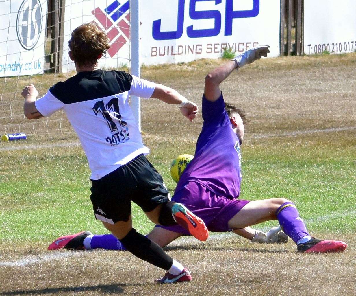 Nathan Wood scores in Faversham's 3-2 loss to Littlehampton, his first goal for the club. Picture: Randolph File